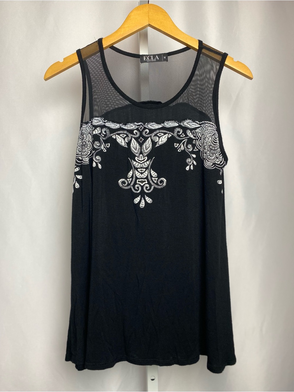 Ecla Women’s Black with White Embroidery Sleeveless Tank with Mesh Upper Yoke M